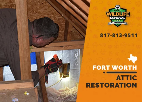 Wildlife Pest Control operator inspecting an attic in Fort Worth before restoration